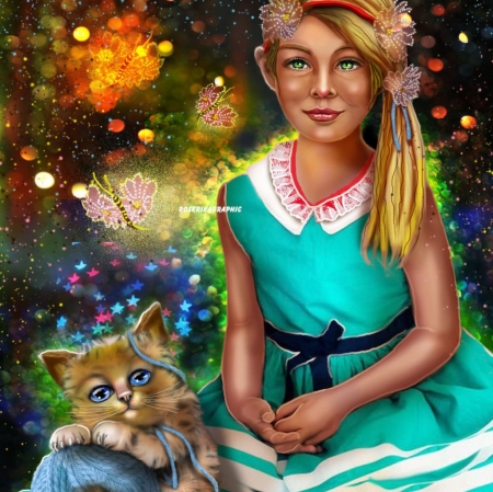 Psychaledicfillette - cat, girl, cute, art