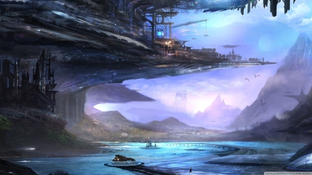 futuristic city - cliff, city, ocean, mountain