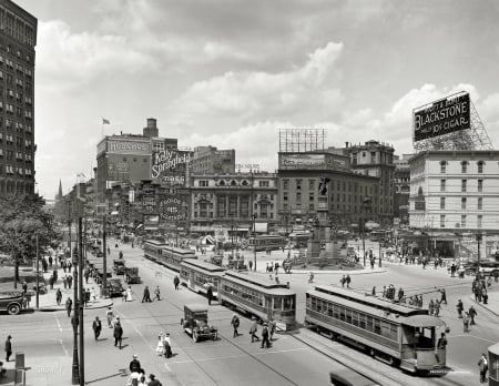 old detroit - city, detroit, tram, building