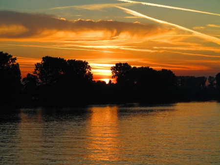 Sunrise on the Rhine - Rhine, Tranquil, Vapour Trails, Sunrise