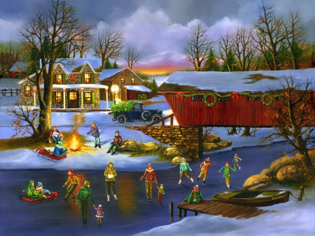 An old fashion Christmas - sno, fun, evening, skate, night, joy, holiday, lake, art, covered, winter, beautiful, village, christmas, river, frozen, painting, bridge, old fashion