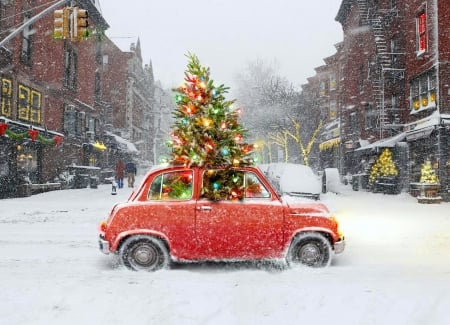 Funny Christmas car - fun, winter, snowflakes, snow, tree, street, christmas, holiday, car, lights, snowfall, shop