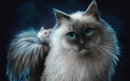 Friends - blue, eyes, mouse, friend, cat, fantasy, white, animal, digital, cute, alenaekaterinburg, art