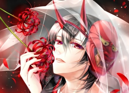 Daemon - veil, anime, soushi, girlface, flower, noh mask, manga, araragi, white, red, spider lily