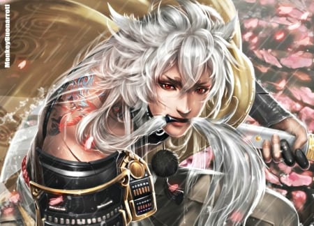 Kogitsunemaru - tails, monkey buonarroti, anime, guy, petals, pink, man, kogitsunemaru, black, manga, white, golden, art