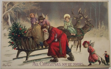 Merry Christmas! - sleigh, children, tree, santa claus, christmas, craciun, vintage, red, card