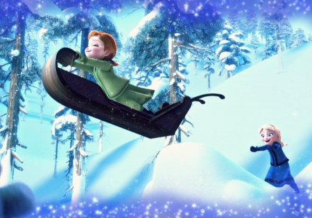 Fly Anna, fly! - princess, anna, girl, movie, winter, child, fantasy, white, children, sleigh, blue, elsa, snow, disney, cute