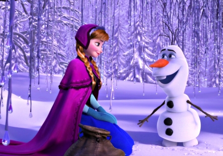 Anna and Olaf - snowman, princess, anna, movie, winter, fantasy, white, purple, blue, pink, disney, frozen