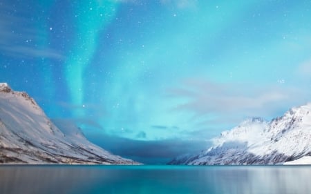 Aurora Borealis above the snowy mountains - aurora borealis, mountain, aurora, snowy, sea