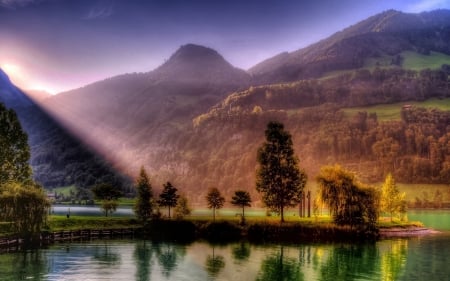 Rays of Light - trees, nature, rays, lake, mountains, reflection