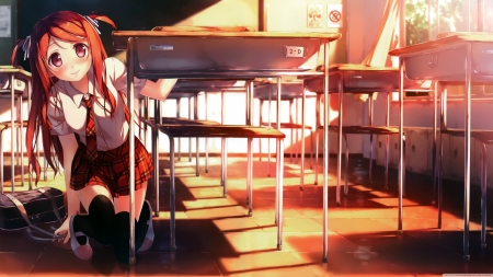 school love - table, girl, chair, school