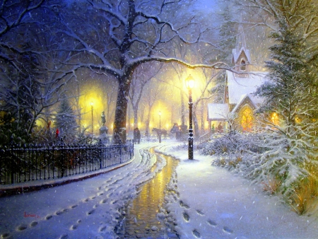 Winter chapel - chapel, winter, snowflakes, beautiful, evening, road, snow, night, eve, street, christmas, lights, painting, snowfall, art