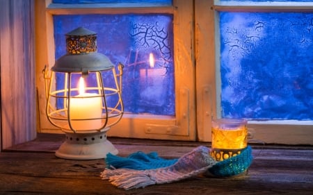 Winter evening - candle, light, winter, christmas, flame, home, lantern, evening, window, frost, cozy, snow, beautiful