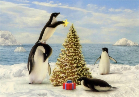 Christmas Penguins - winter, penguins, attractions in dreams, paintings, snow, holidays, xmas and new year, stars, christmas tree, Christmas, love four seasons