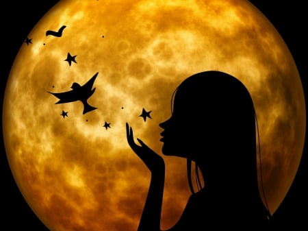 Whishes - moon, black, fantasy, girl, halloween, silhouette, orange, luminos