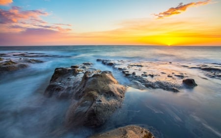 Ocean Sunset - rocks, clouds, sunset, ocean, nature