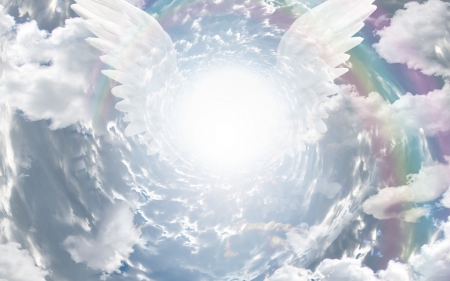 Angel - white, rainbow, sky, cloud, angel, blue, light, wings