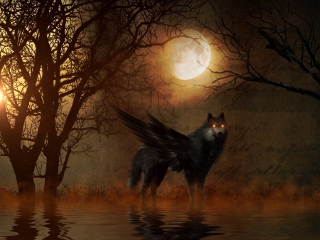 Fantasy wolf at Moonlight Night - wings, moonlight, wolf, fantasy, trees