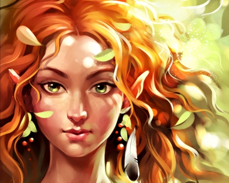 Elf - woman, autumn, redhead, elf, girl, sharandula, leaf, fantasy, face, feather, orange, green