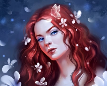 girl - sharandula, blue, girl, beauty, flower, fantasy, white, redhead, red, digital, woman, butterfly, face, art