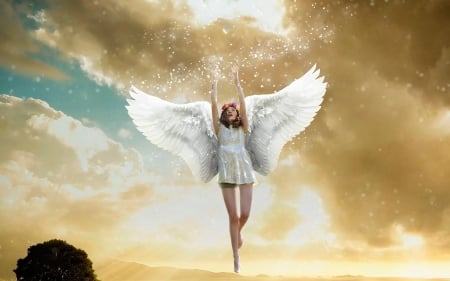 Angel - cloud, yellow, girl, blue, wings, white, creative, sky, fantasy, golden, woman, angel