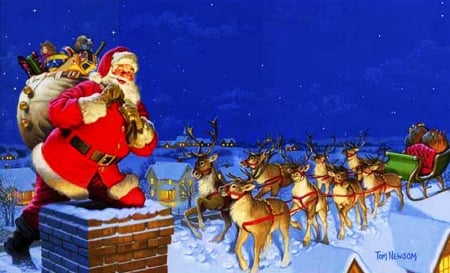 Santa on the Roof - sleigh, chimney, reindeer, christmas, snow