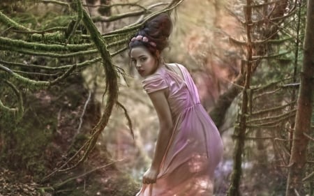 secret - girl, forest, pink, secret, yazzmin, green, woman, agnieszka lorek, art, woods