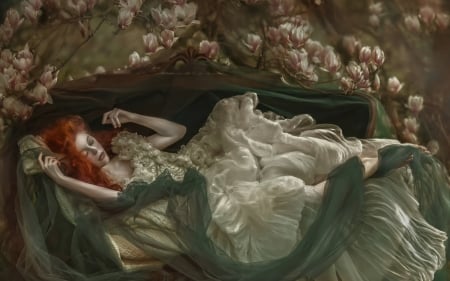 dormant dreams - woman, agnieszka lorek, dormant dreams, redhead, girl, ophidia, white, art, pink, green, magnolia, dress, flower