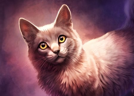 Cat - yellow eyes, cat, lhuin, pisici, fantasy, purple, art, pink, animal, digital