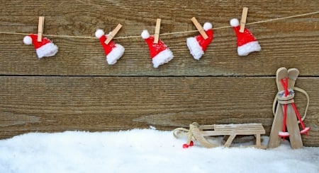 Happy Holidays! - hat, sleigh, winter, wood, snow, christmas, santa, white, craciun, red, card, sky