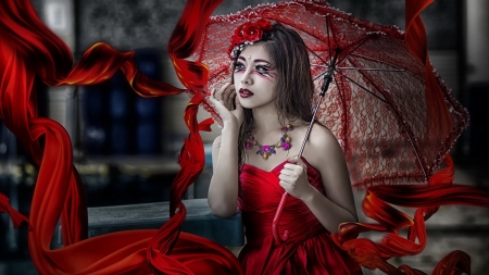 Woman in Red - girl, umbrella, makw up, model