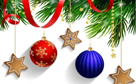 Merry Christmas! - ball, red, cookies, craciun, christmas, blue, white, card, green