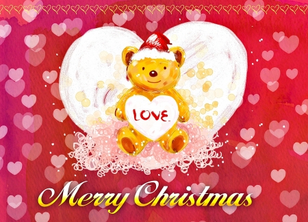 Merry Christmas! - red, pink, craciun, yellow, christmas, white, toy, card, teddy bear, hat, heart, santa