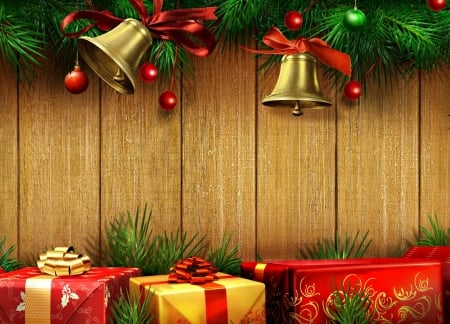 Merry Christmas! - red, craciun, christmas, bell, wood, card, box, gift, green