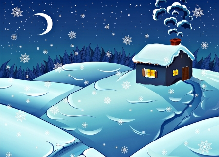 Winter night - winter, snowflakes, craciun, luna, christmas, blue, white, smoke, moon, house, snow