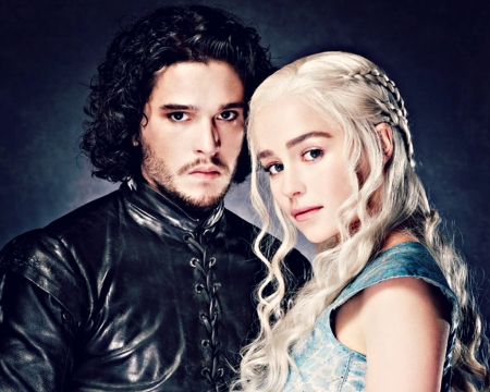 Game of Thrones (2011â€“ ) - black, actress, blonde, kit harington, actor, emilia clarke, girl, blue, fantasy, jon snow, tv series, daenerys targaryen, couple, woman, man