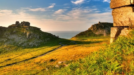 rocky hills above the sea in exmoor england - hills, shore, sea, grass, rocks, sky