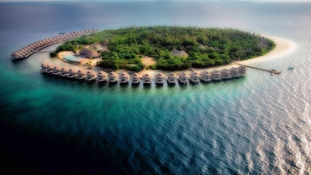 fantastic aerial view of tropical island resort hde - trees, tropical, hdr, island, sea, cottages, resort, stilts