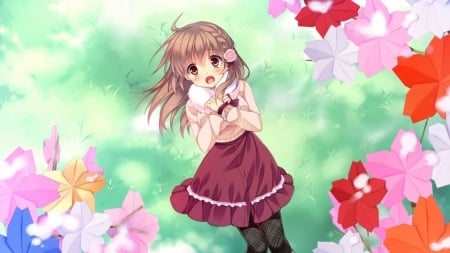 Girl - leaves, anime, flowers, girl