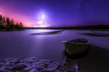 Winter boat - winter, amazing, beautiful, boat, snow, reflection, colorful, frozen, frost, lake, sky