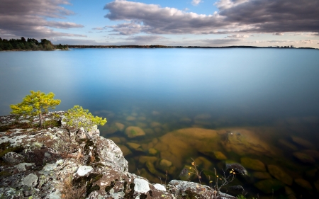 Quiet Blue Lake - lake, clouds, trees, nature, blue