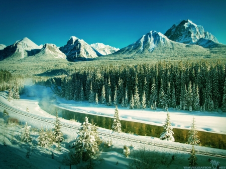 Winter Mountains - river, landscape, snow, firs, peaks