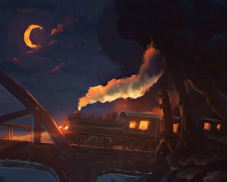 The train - moon, blue, night, orange, dark, fantasy, train, sylar113, art, luminos, luna