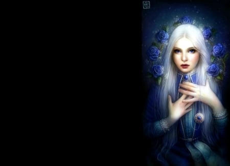 Sara - woman, pendant, girl, rose, fantasy, black, art, sara, blue, escume, flower