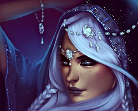 Ice Queen - woman, girl, winter, jewel, fantasy, ice queen, face, purple, blue, rezwanadimech