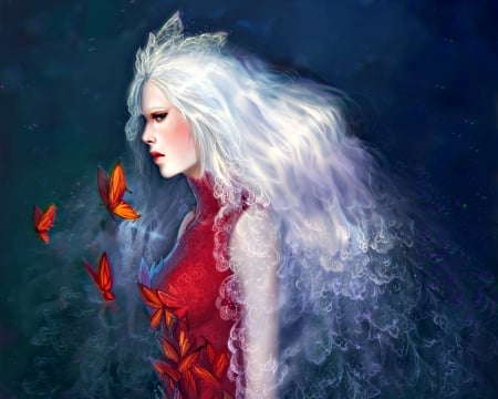 Beautiful devastation - woman, girl, akubakaarts, fantasy, white, beautiful devastation, art, butterfly, red, blue, orange