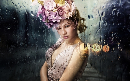 Beauty in a rainy day - woman, glass, rain, asian, model, window, pink, flower, water driops