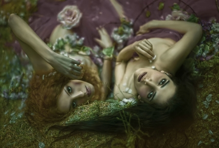 Voices from the forest - woman, agnieszka lorek, girl, couple, andrea, voices from the forest, model, art, pink, louise vattenfall, green