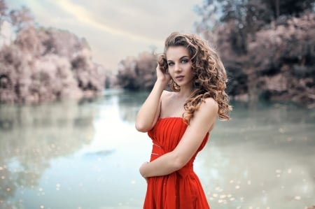 River flows - alessandro di cicco, white, woman, red, model, girl, river flows, pink