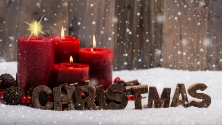 Merry Christmas! - red, winter, candles, craciun, christmas, wood, fire, card, flame, snow